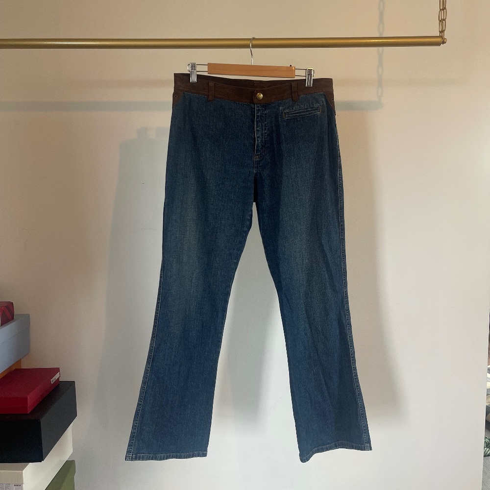 Ralph Lauren denim jeans with brown leather trim on waist